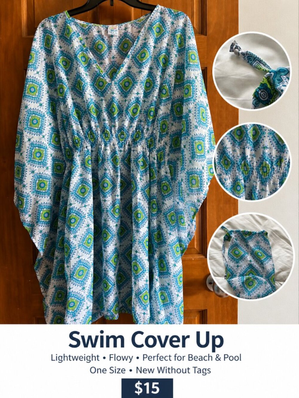 NWT Blue Green Swim Cover Up One Size Beach Kaftan Kimono Resort Pool Cover-Up
